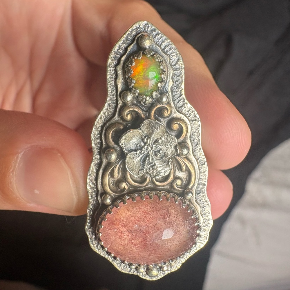 Forget me not ring Hematite quartz and opal Dark Fawn Jewelry